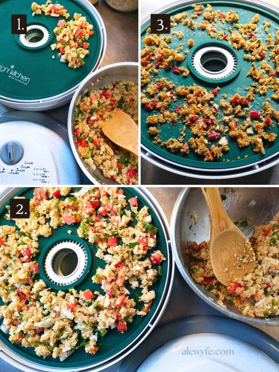 spreading the finished quinoa salad on silicone dehydrator trays, and then what the dehydrated salad looks like before packaging.