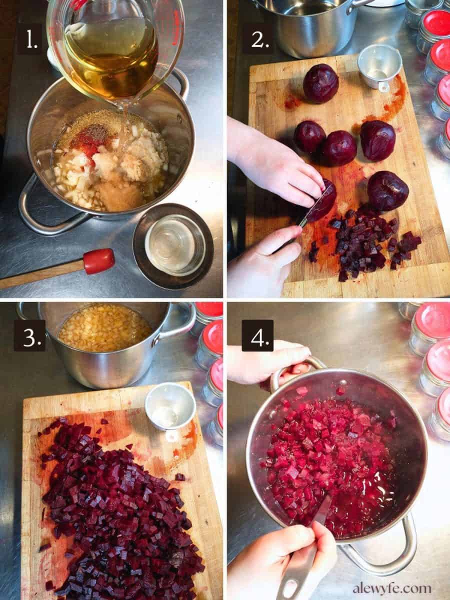 numbered four photo grid, showing the relish pickling liquid preparation, dicing the beets, and mixing the beets and pickling brine before canning.