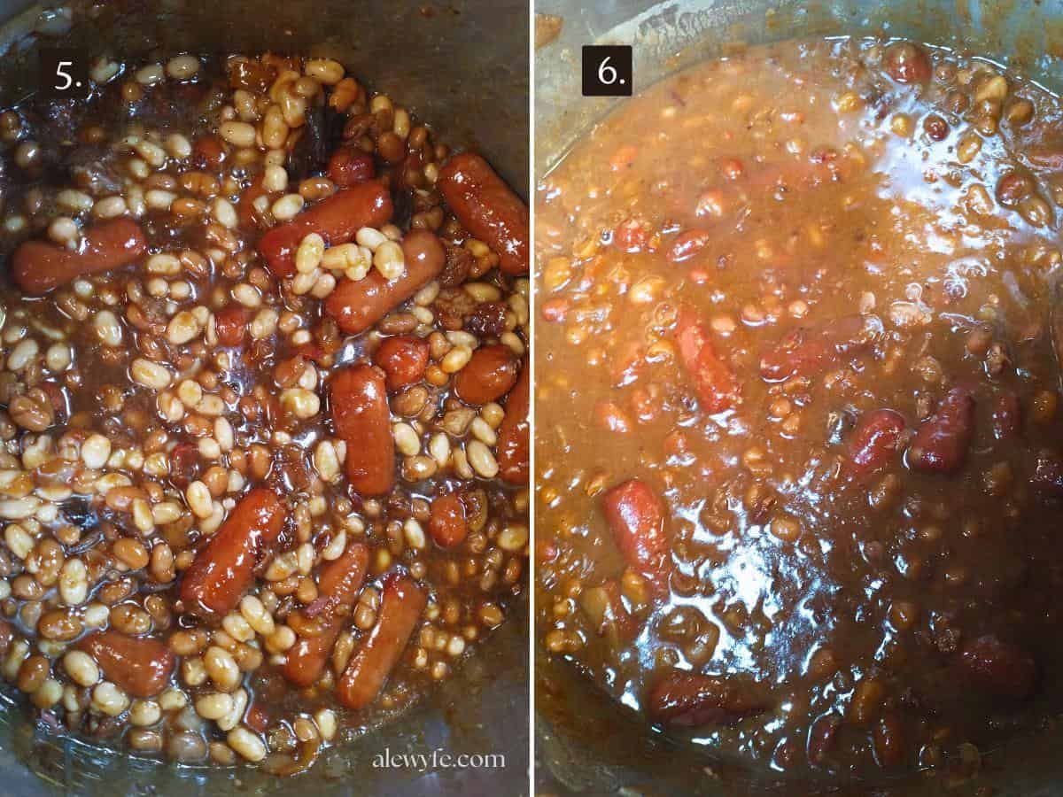 steps 5 & 6, showing the baked beans before and after simmering in a crock pot or instant pot.