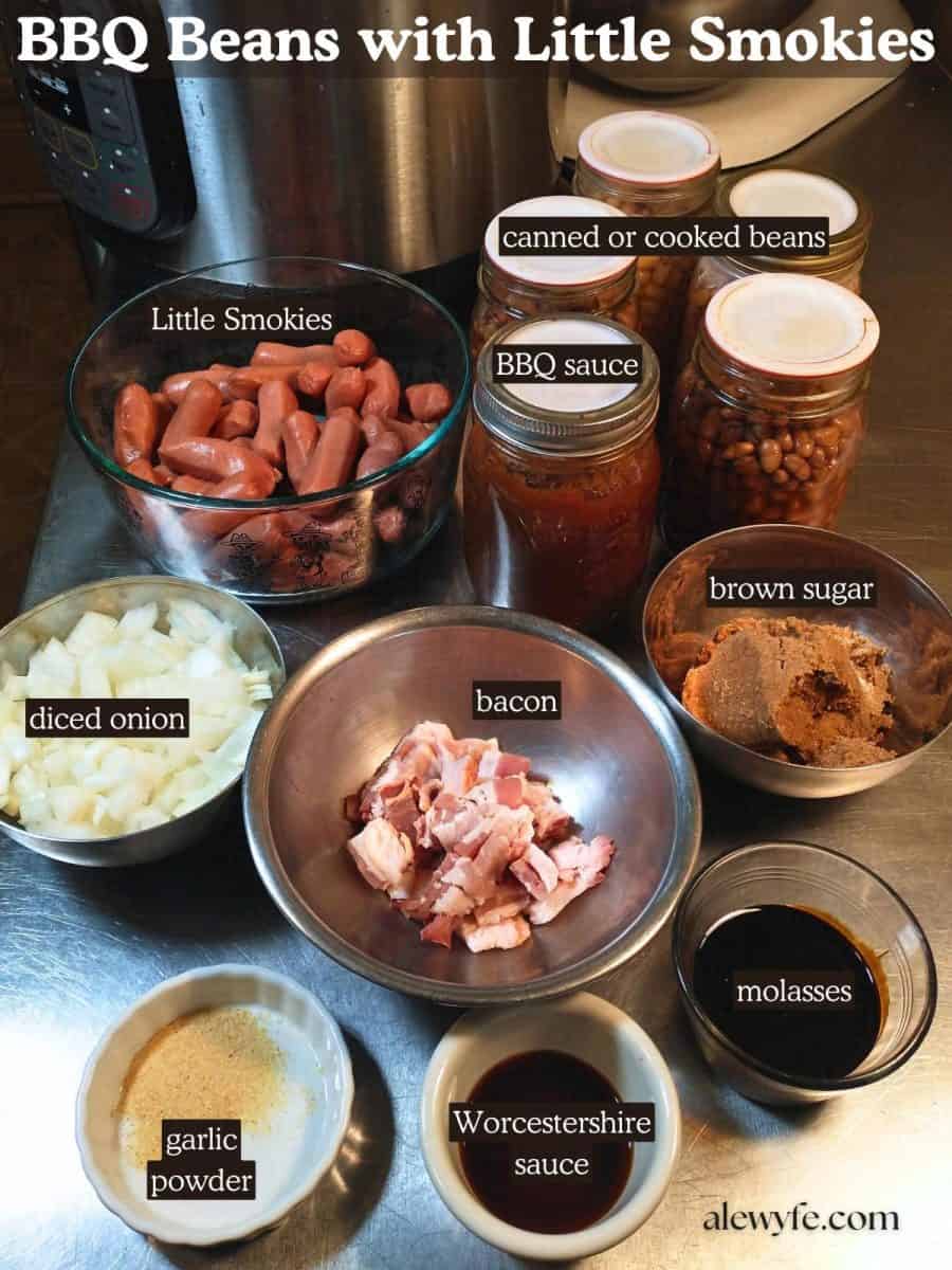 labeled ingredient photo for BBQ beans with little smokies. Portioned & chopped ingredients are laid out in bowls, ready to cook.