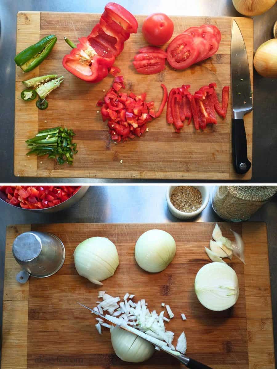 step by step illustration of how to slice the peppers, tomatoes, and onions, demonstrating the cuts.