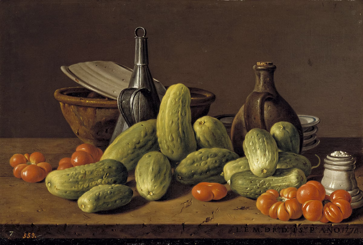 A still life painting from 1774 by Spanish painter Still Life with Ham and Eggs, 18th century Luis Egidio Meléndez. The subject features a pile of cucumbers is in the center, with earthenware pottery dishes, a salt cellar, cruets of vinegar and oil, plates, and some tomatoes.