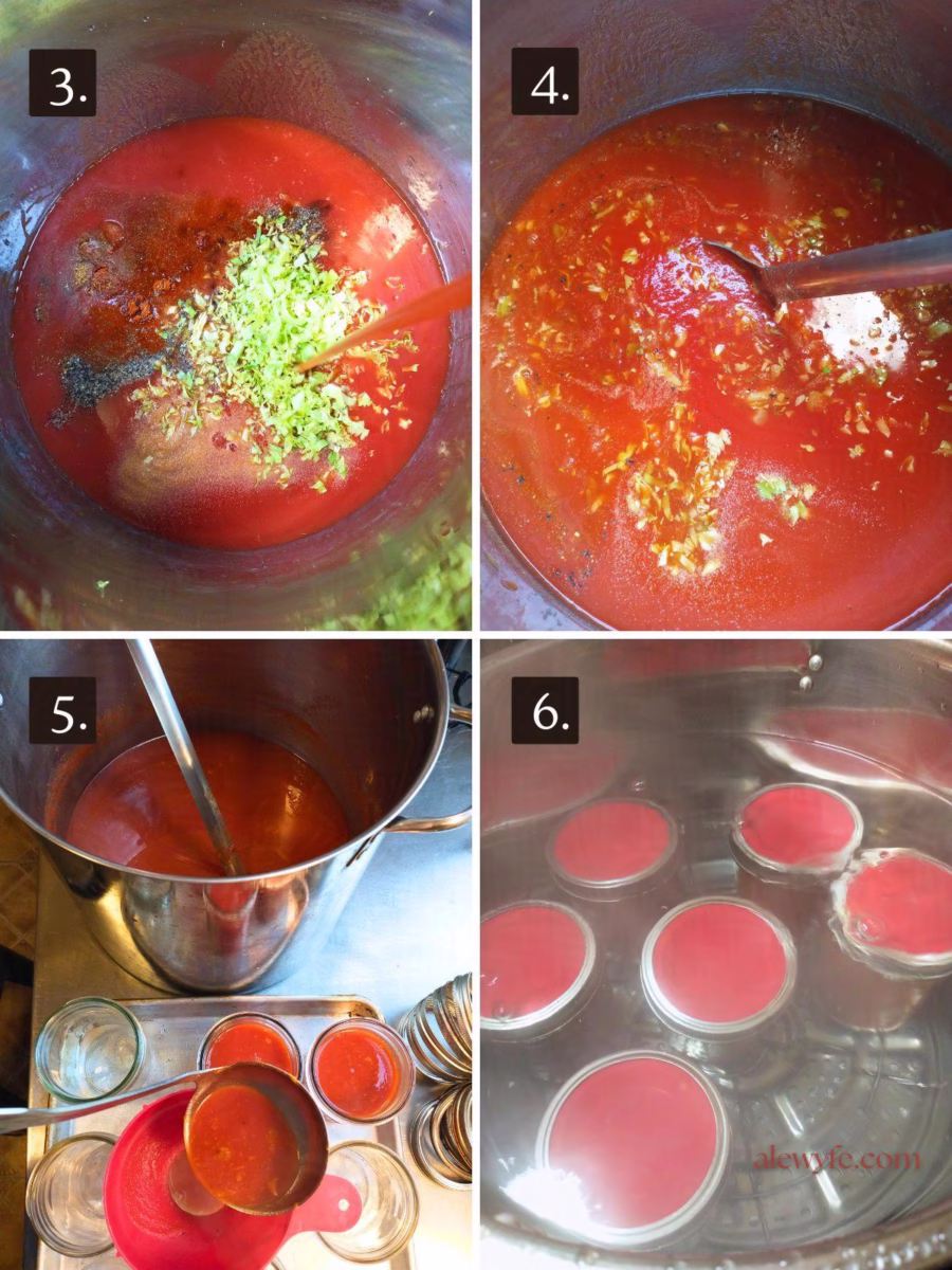 bloody mary mix steps 3-6, numbered photo grid. Mixing all ingredients, stirring and simmering, packing into pint canning jars, and water-bath processing.