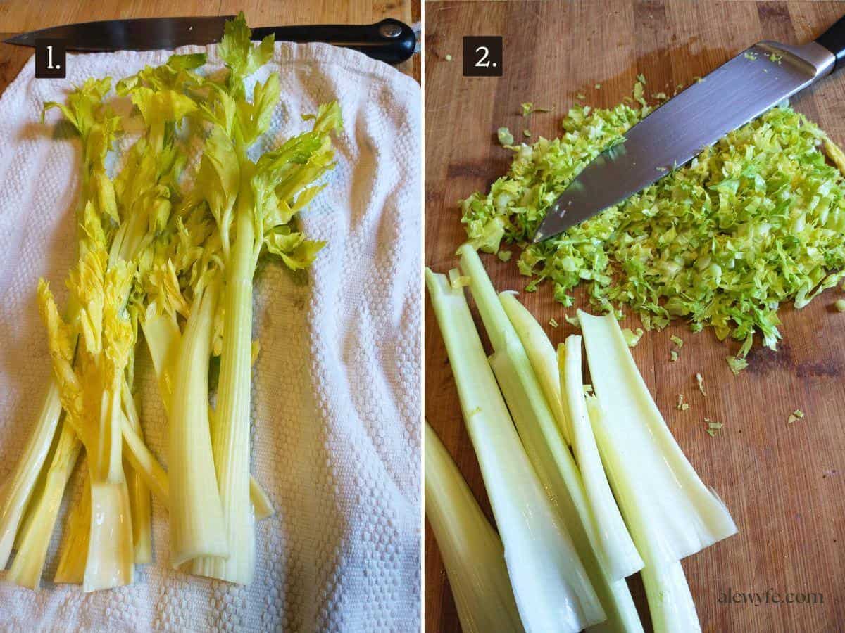 washing, drying, and mincing celery hearts (numbered photos 1 & 2).