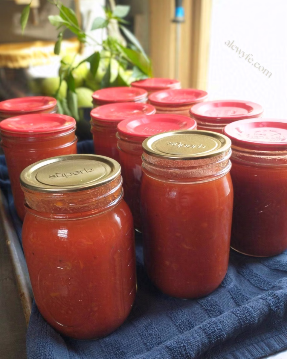 a tray with jars of seasoned tomato juice.