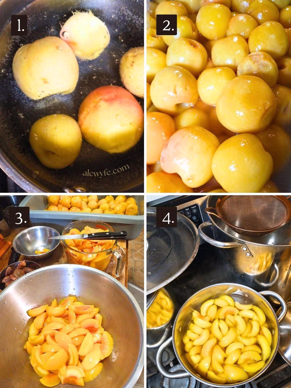 blanching, peeling, & slicing peaches for peach pie filling recipe.