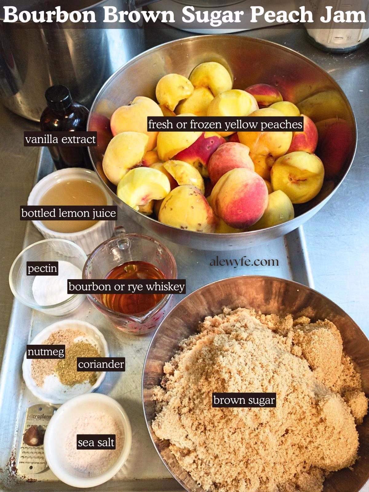 labeled ingredient photo for bourbon brown sugar peach jam recipe.