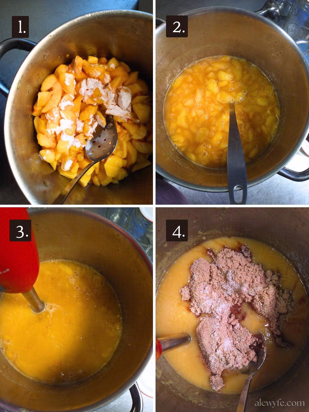 step by step photos for brown sugar peach jam recipe. 1) peeled, sliced peaches in a pot with powdered pectin. 2) cooked peaches in the pot. 3) blending cooked peaches with an immersion blender. 4) adding the brown sugar, spices, and salt.