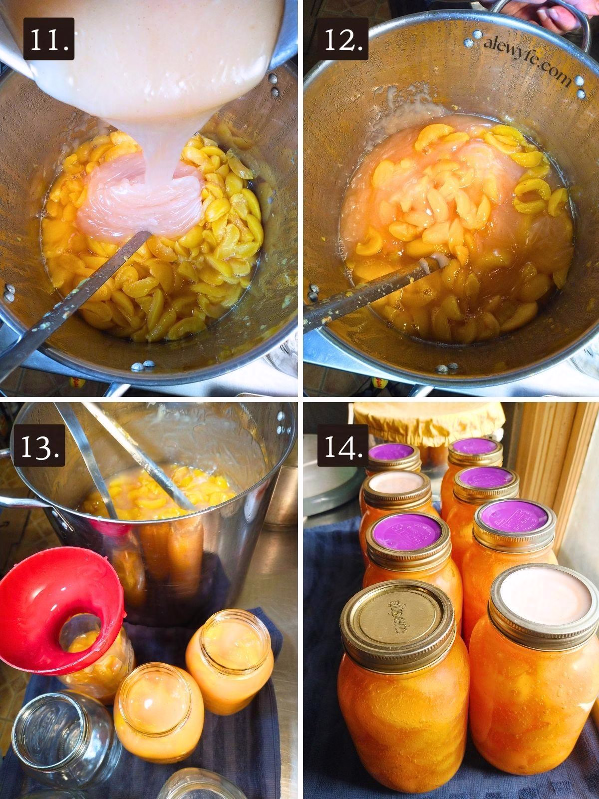 combining blanched peach slices with pie filling mixture, filling jars, and cooling the canned jars of pie filling.