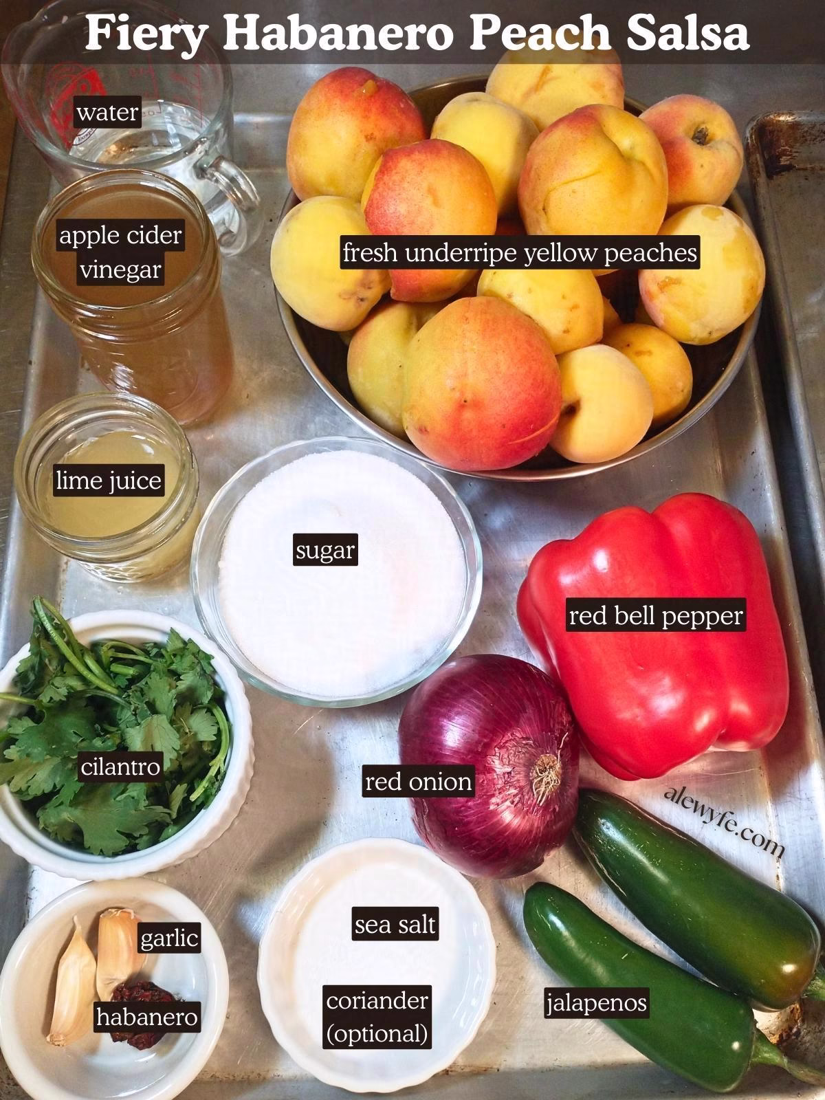 labeled ingredient photo for fiery habanero peach salsa recipe.