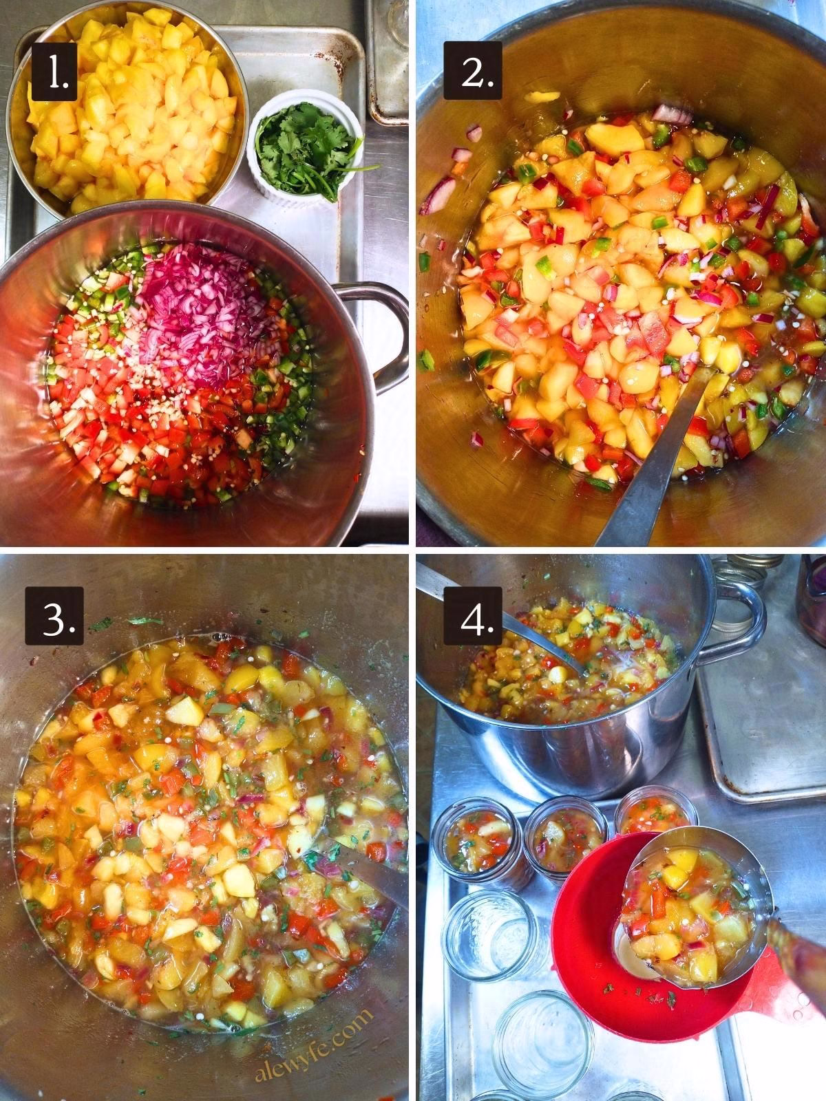 numbered step by step photo grid, showing chopped ingredients, a pot with the peach salsa before and after cooking, and then filling the jars with the salsa to can it.