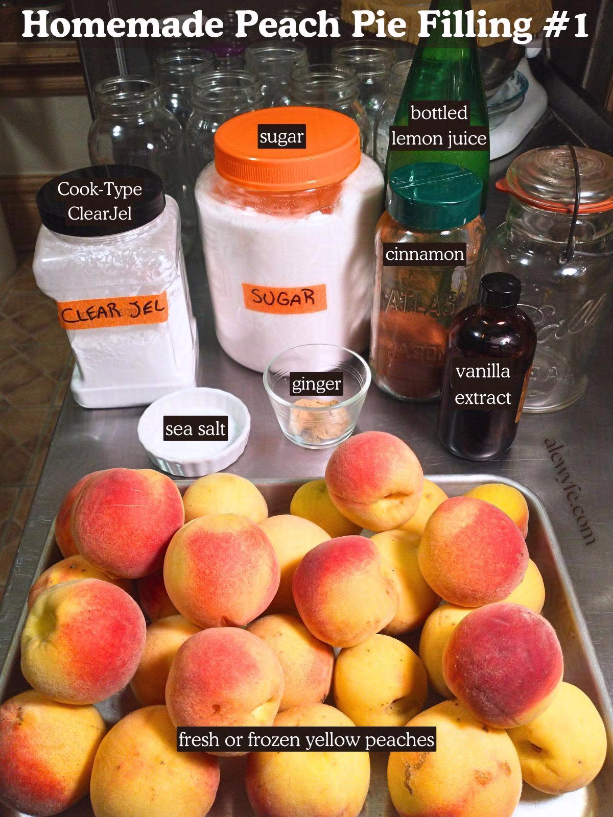 labeled ingredient photo for peach pie filling canning recipe with clear jel.