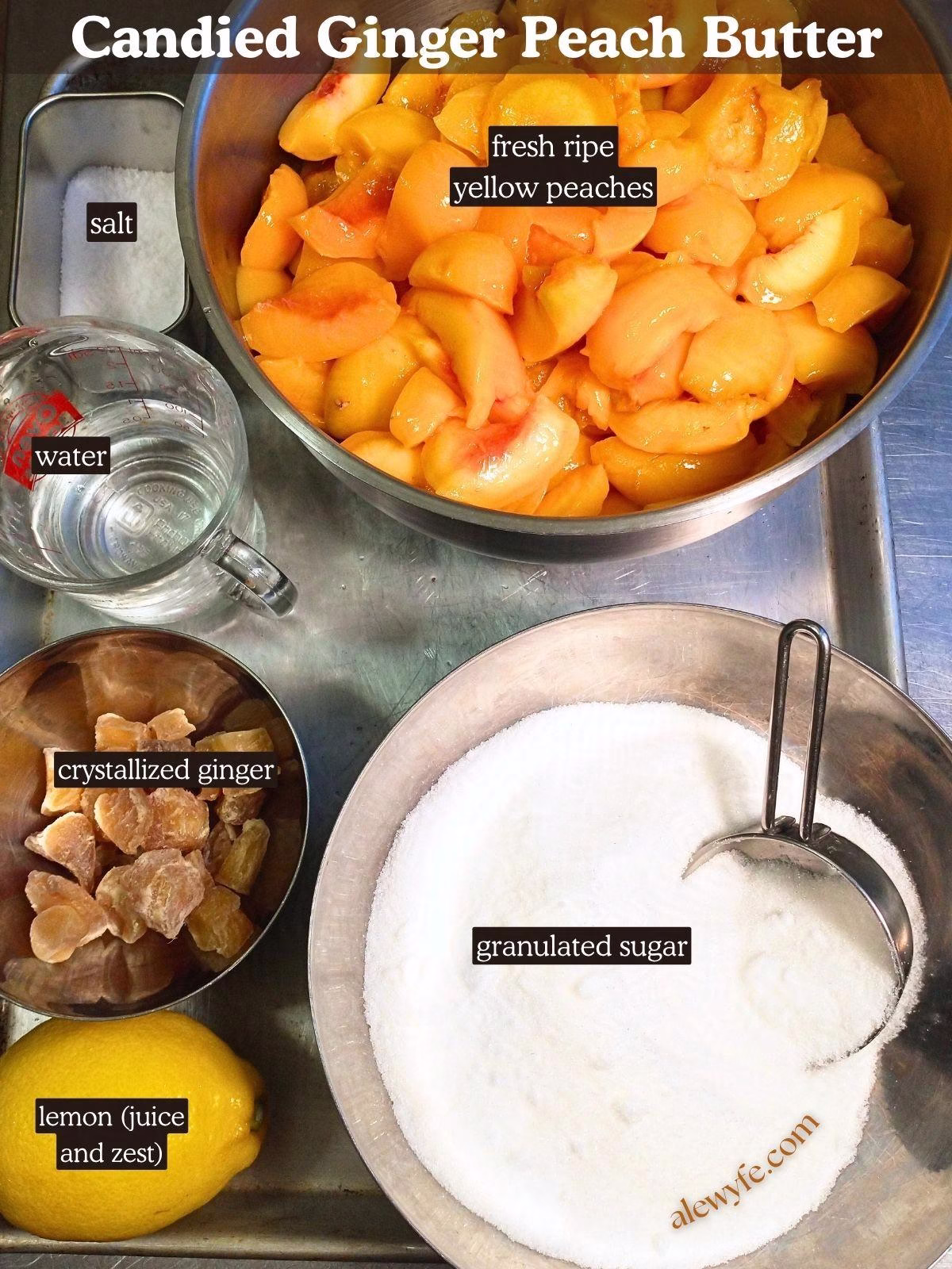labeled ingredient photo for candied ginger peach butter canning recipe.