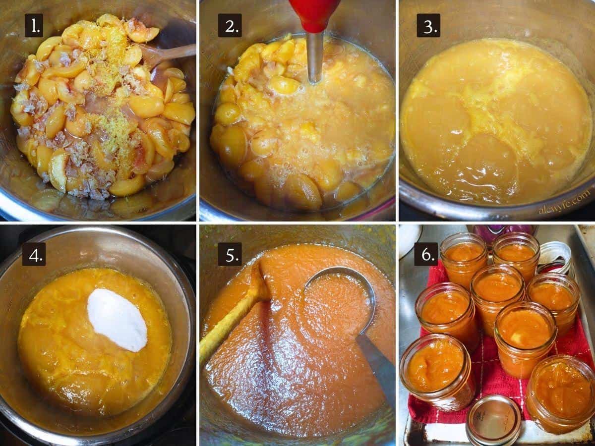 numbered photos of ginger peach butter recipe steps 1 thru 6, simmering the peaches and ginger, pureeing the fruit butter, simmering and adding sugar, then jarring the finished peach butter before canning.