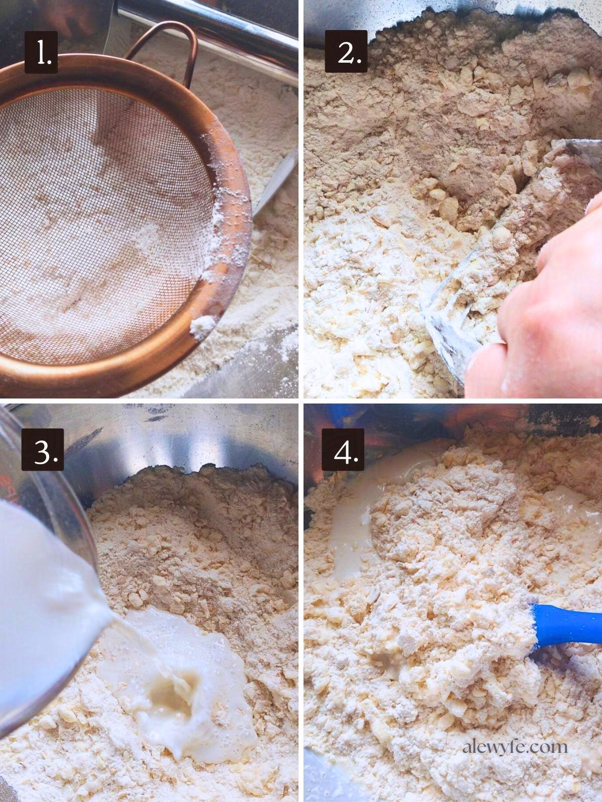 numbered four photo grid showing the lemon oat scone dough being mixed: sifting baking powder, cutting in butter, adding liquid, and stirring until a dough forms.