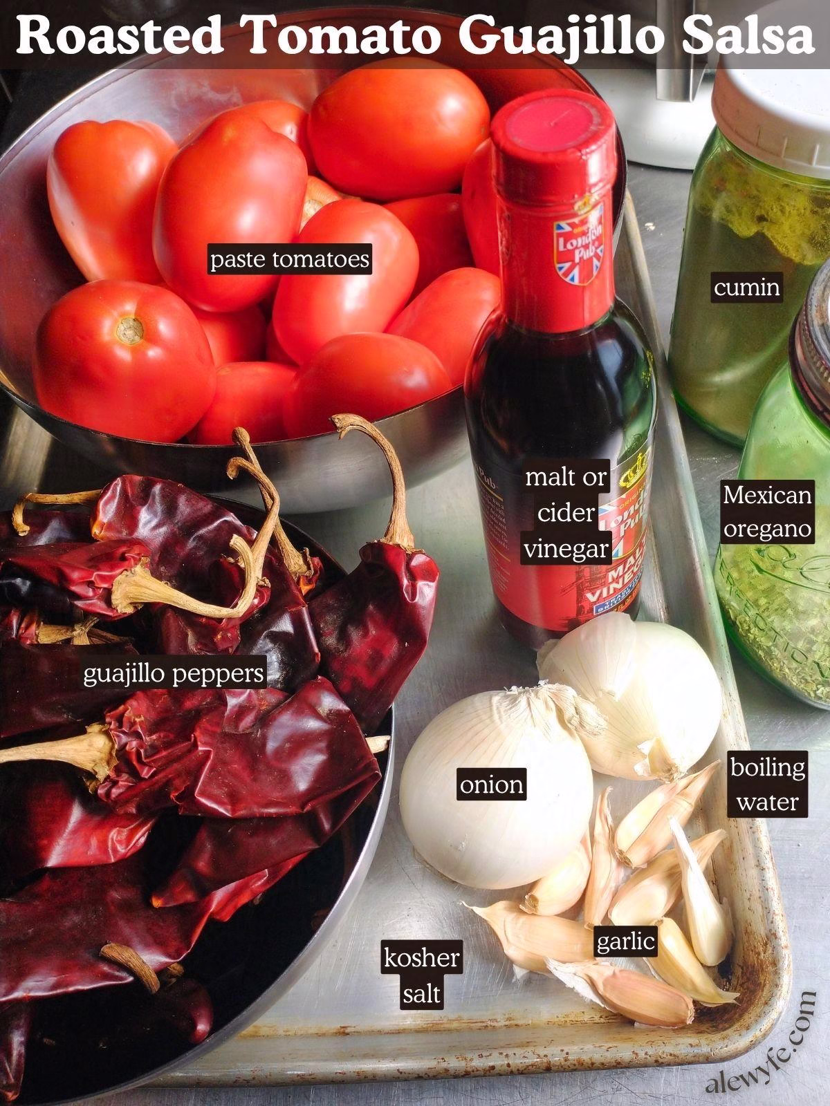 labeled ingredient photo for roasted tomato guajillo salsa canning recipe.