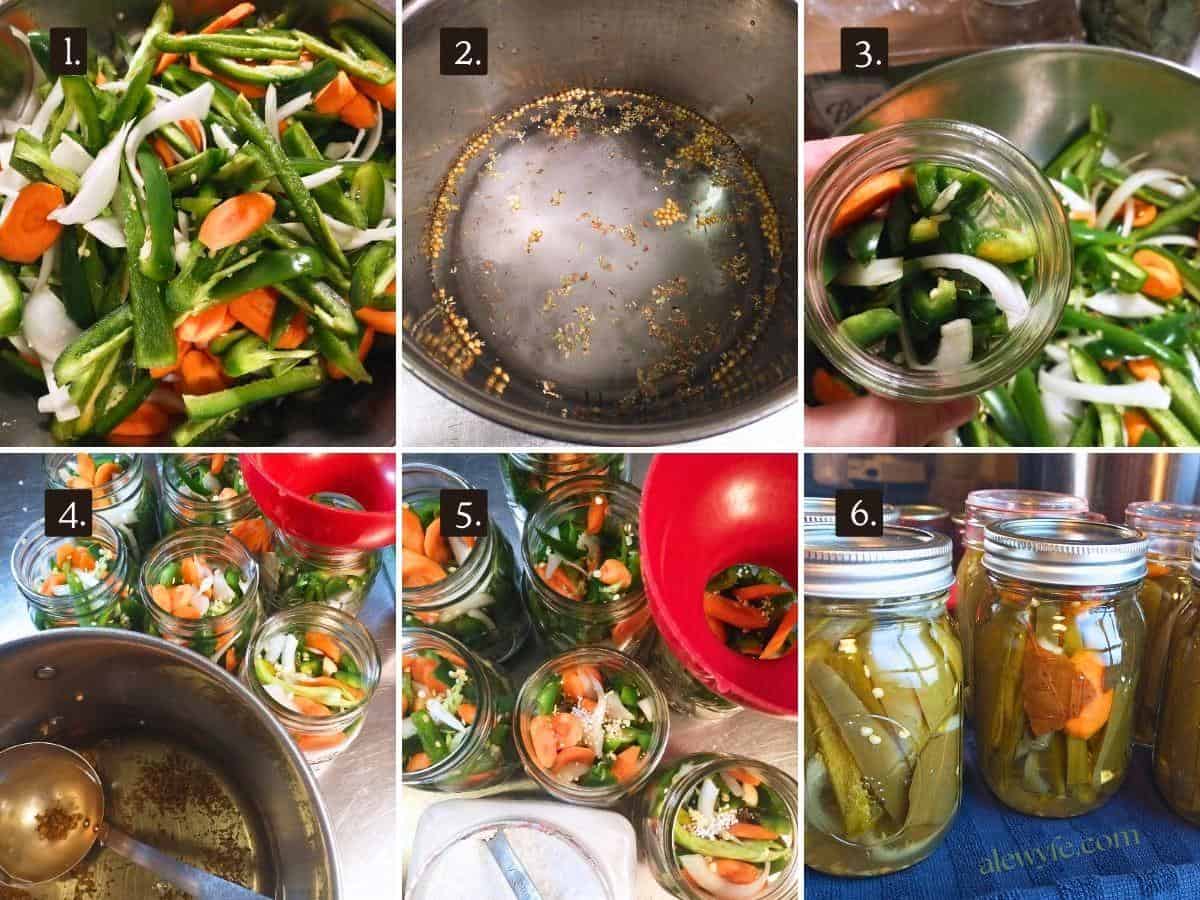 numbered six photo grid showing sliced peppers, onions, and carrots, pickling brine, packing the jars, topping up with brine, adding pickle crisp, and the pickled pepper jars cooling on a towel.