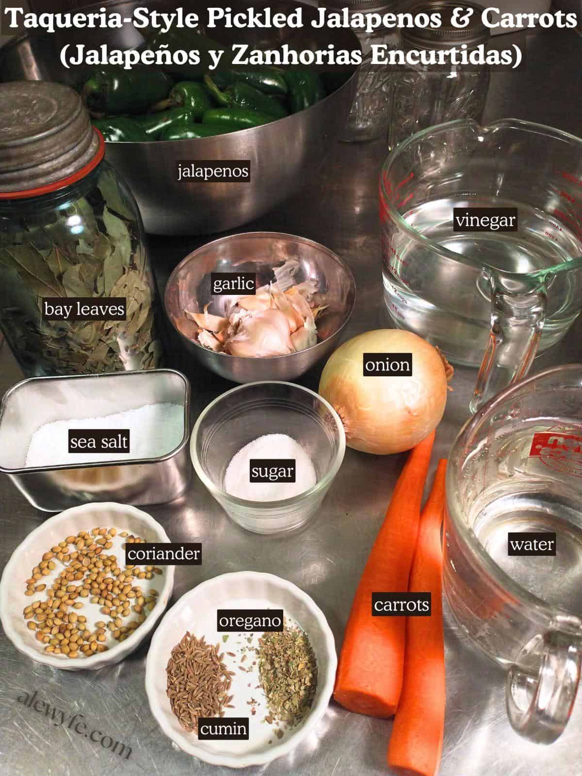 labeled ingredient photo for taqueria-style pickled jalapeno & carrot canning recipe.