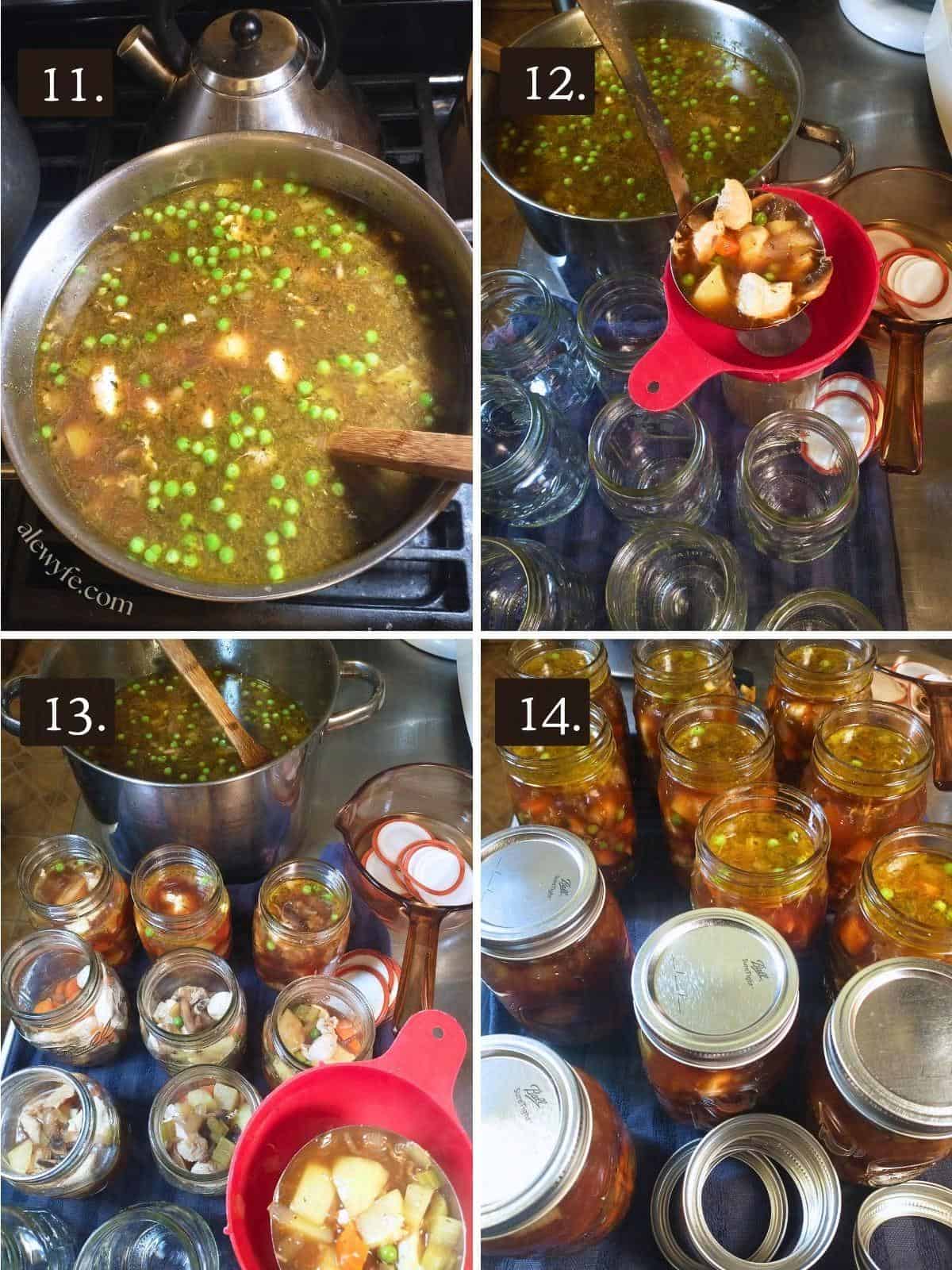 numbered photos 11-14, showing the pot of finished stew ready for canning, ladling the solids into pint jars with a canning funnel, topping them up with the broth, and putting lids on the mason jars before pressure canning the stew.