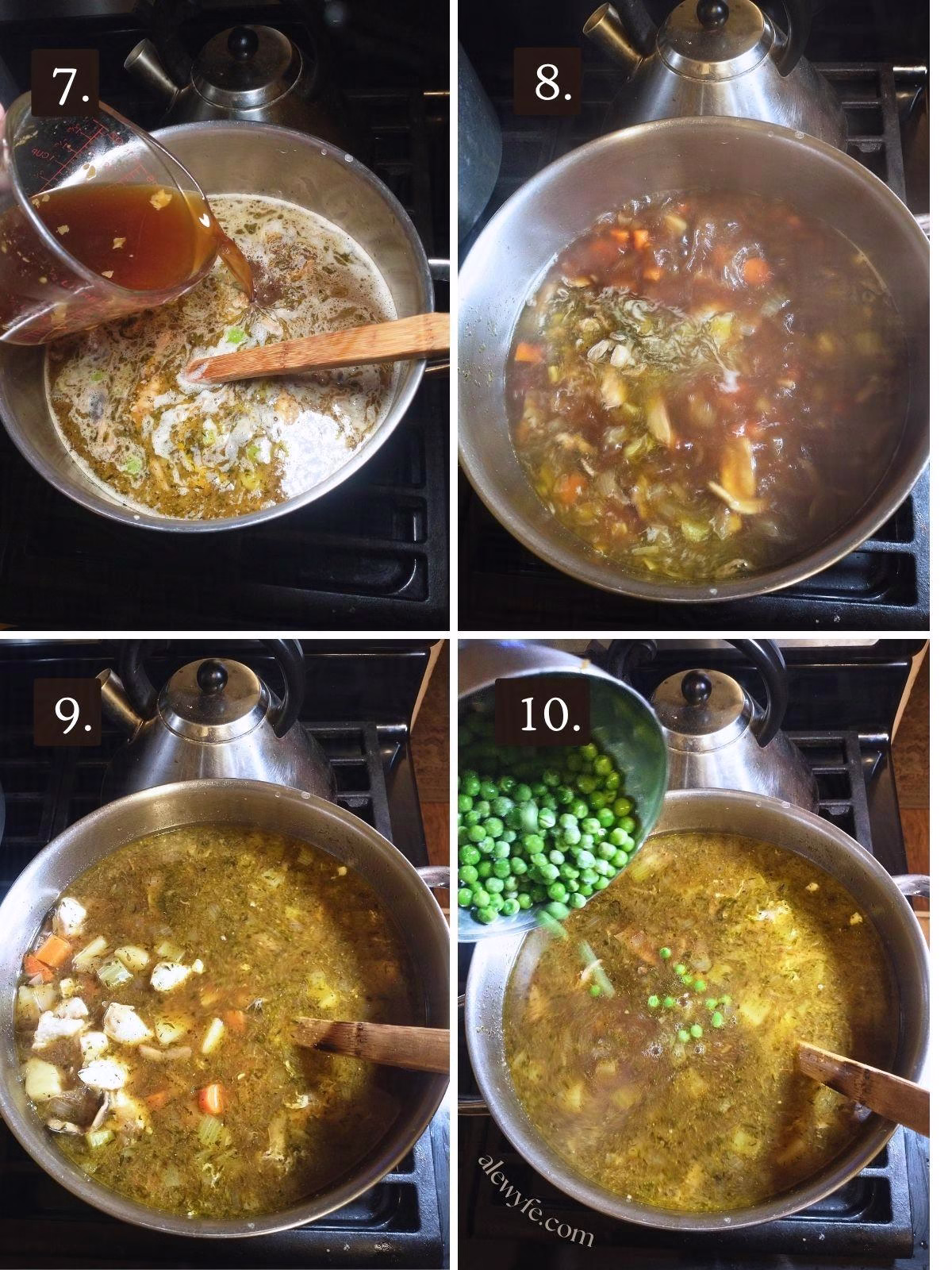 numbered photos 7-10 adding stock to the chicken stew, stirring in the diced chicken and adding the peas.