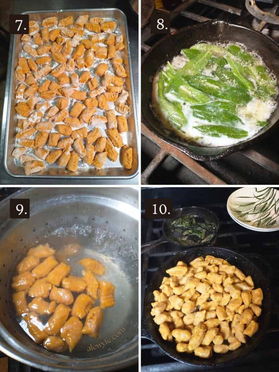 numbered four photo grid showing a tray of shaped pumpkin gnocchi, a pan of fried sage in butter, boiling gnocchi floating in a pot of salted water, and cooking the boiled gnocchi in a skillet with the sage butter.