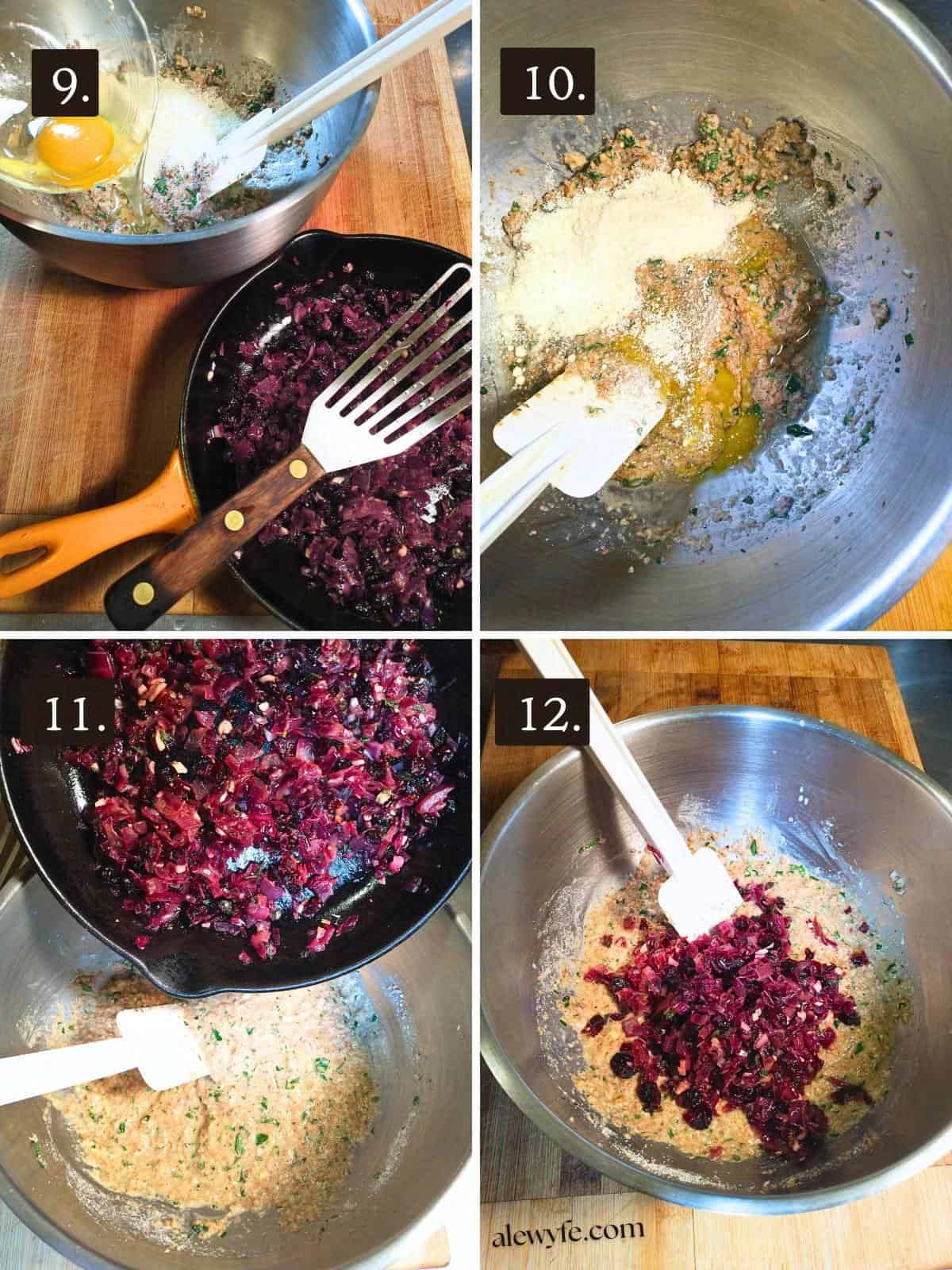 numbered photos showing mixing the egg, cheese, panade, and sauteed onion and cranberry herb mixture.