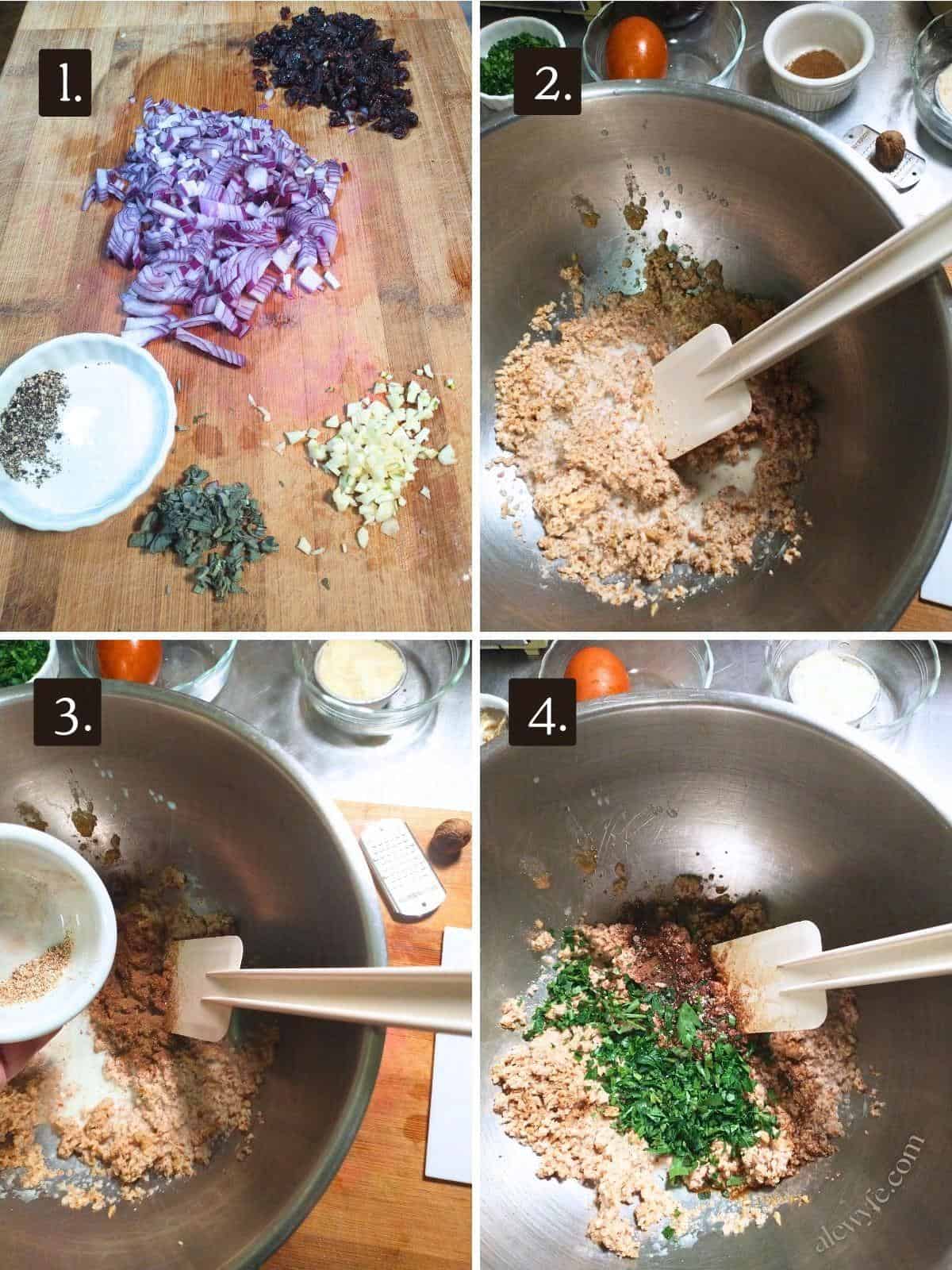 numbered four photo grid showing the minced and chopped onion, cranberry, garlic, and herbs, and mixing the breadcrumb panade.