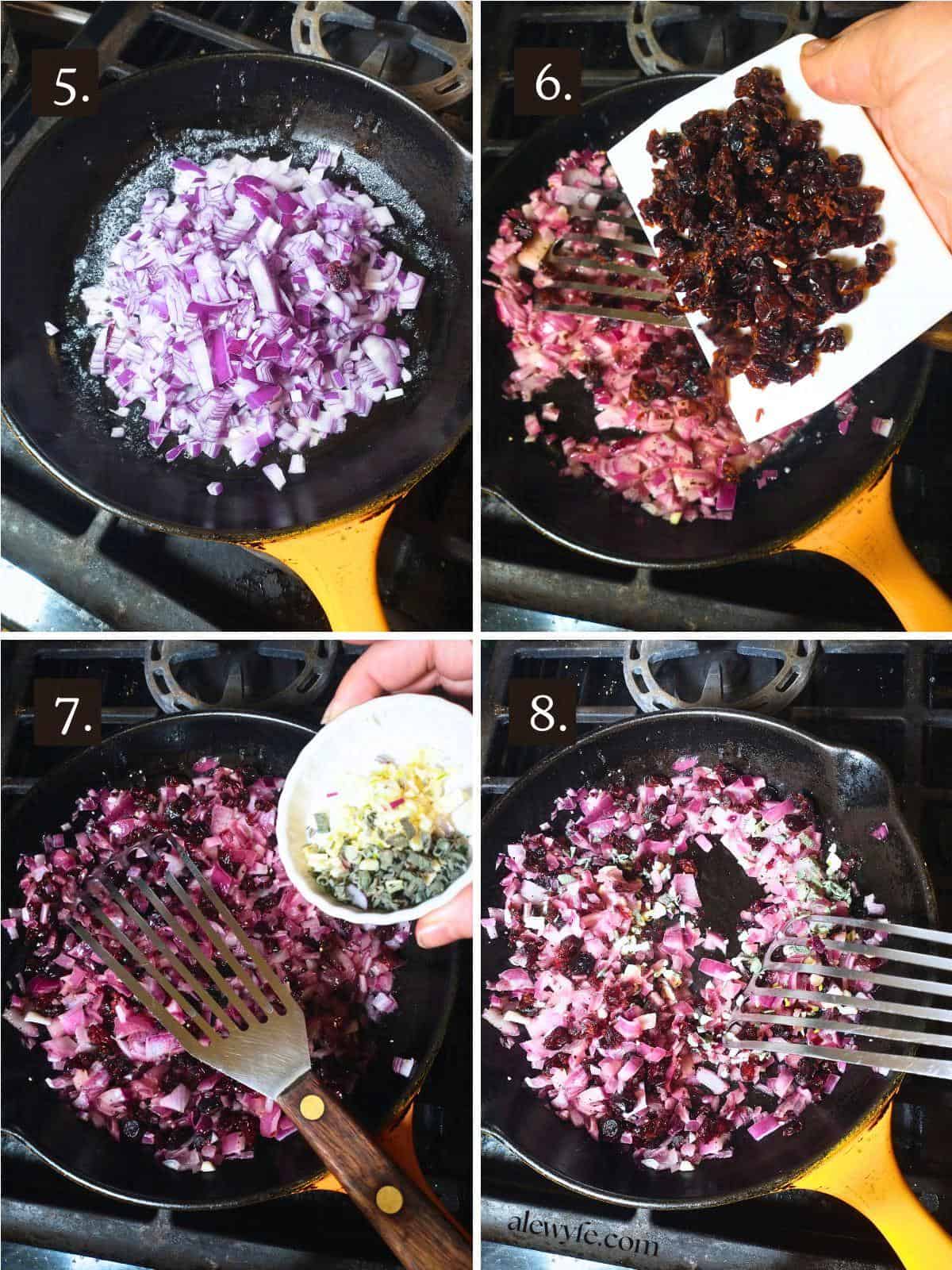numbered four photo grid showing sauteing the red onion, cranberries, garlic, and sage.