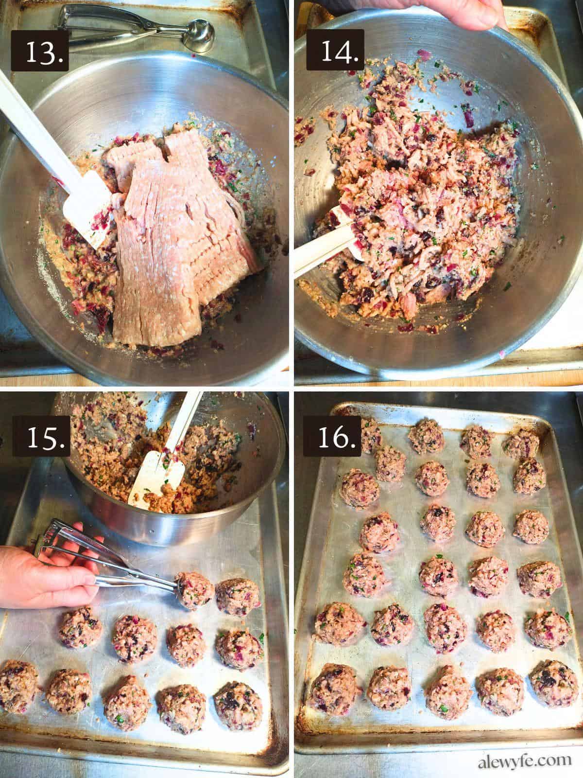 mixing the ground turkey into the bread crumb panade, onion & egg mixture, then scooping and shaping the turkey meatballs.
