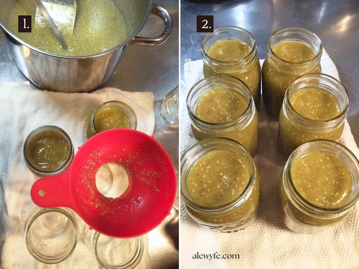 side by side numbered photos of filling canning jars with the finished green salsa to can it.