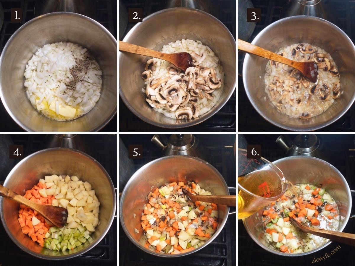 numbered photo grid, a large pot on the stove with onions, butter, mushrooms, and seasoning in the top row, and adding potatoes, carrots, and celery in the bottom row of photos, then deglazing with white wine.