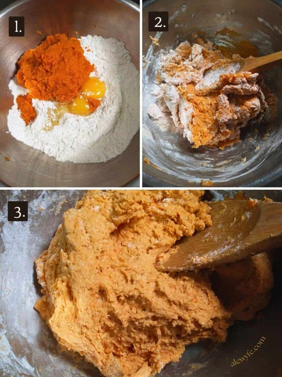 three photos in a numbered grid, showing mixing the gnocchi dough ingredients in a large metal bowl with a wooden spoon.