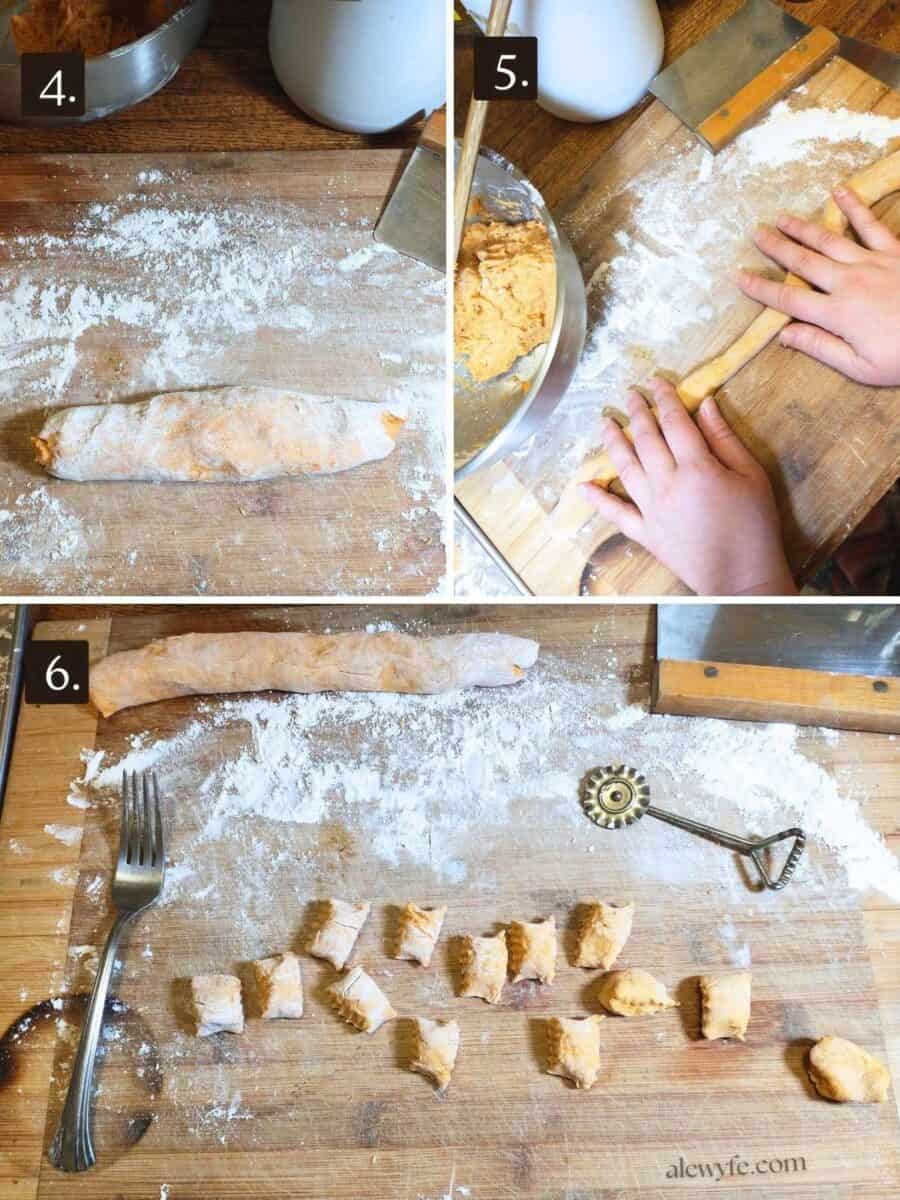 photo collage showing snaking out and cutting the pumpkin gnocchi dough into bite sized pieces.