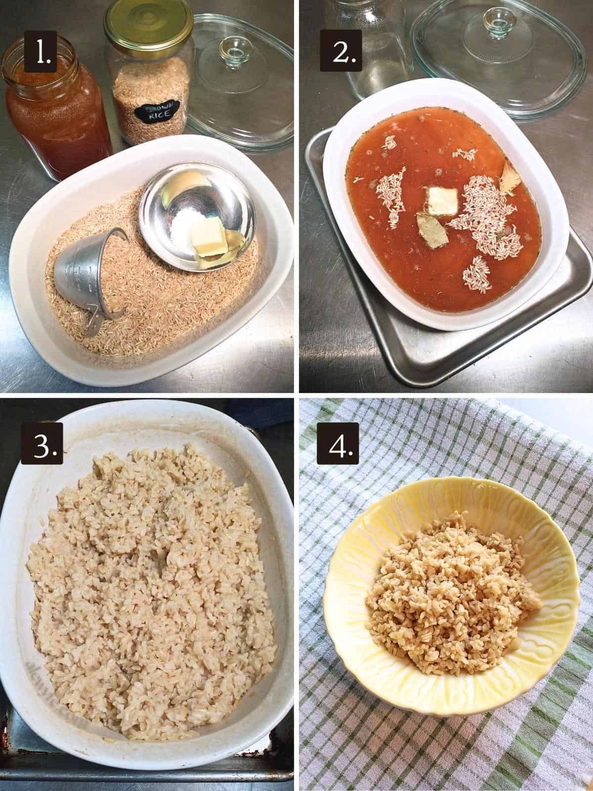 numbered 4 photo grid showing ingredients for brown rice pilaf recipe, then the pilaf before and after baking, and a bowl of the finished dish.