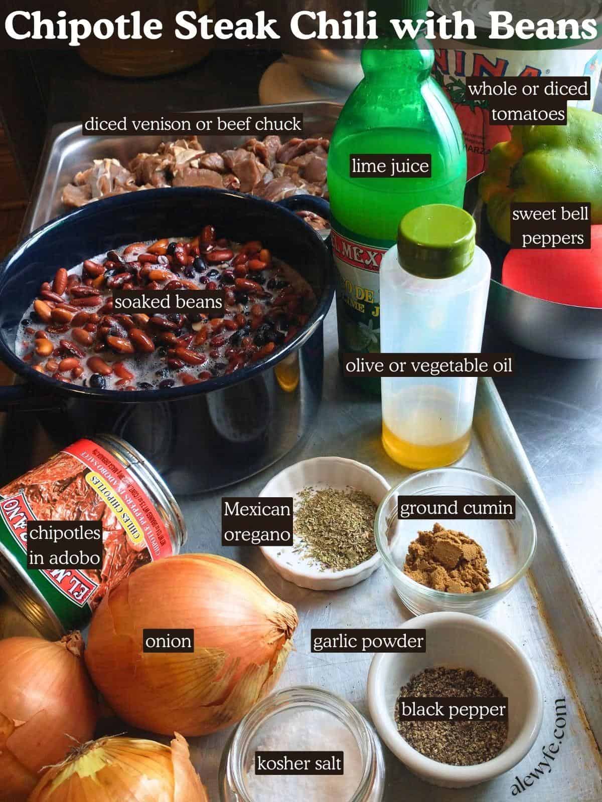 labeled ingredient photo for chipotle steak chili with beans canning recipe.