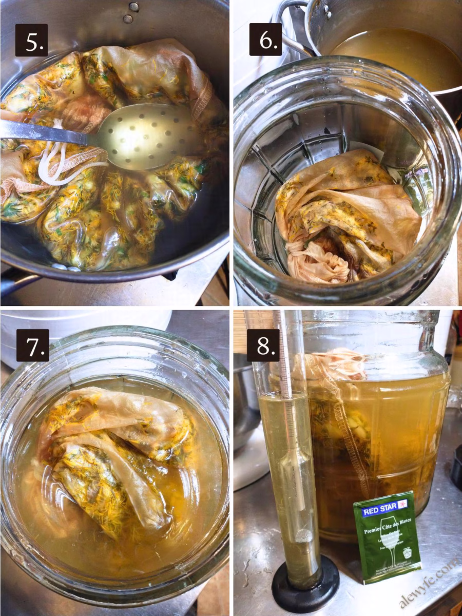 photo grid numbered 5-8, showing steeping the nylon bag of dandelion petals in sugar syrup, transferring the cooled mixture to a glass fermenter, adding the campden tablet and waiting before checking the specific gravity and pitching the wine yeast.
