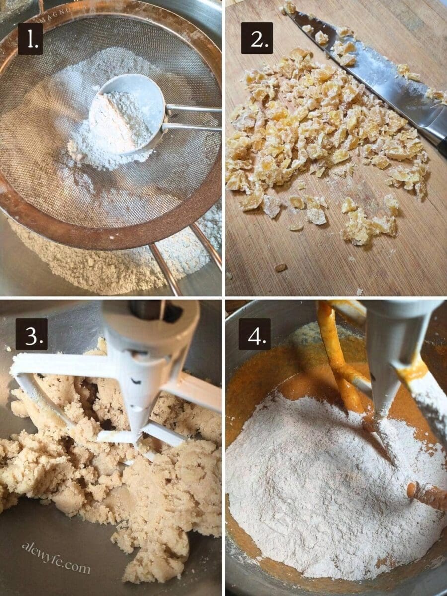 numbered photo grid of first four steps of ginger pumpkin bar recipe- sifting dry ingredients together, chopping ginger, creaming butter and sugar, and adding the dry ingredients to the wet ones.