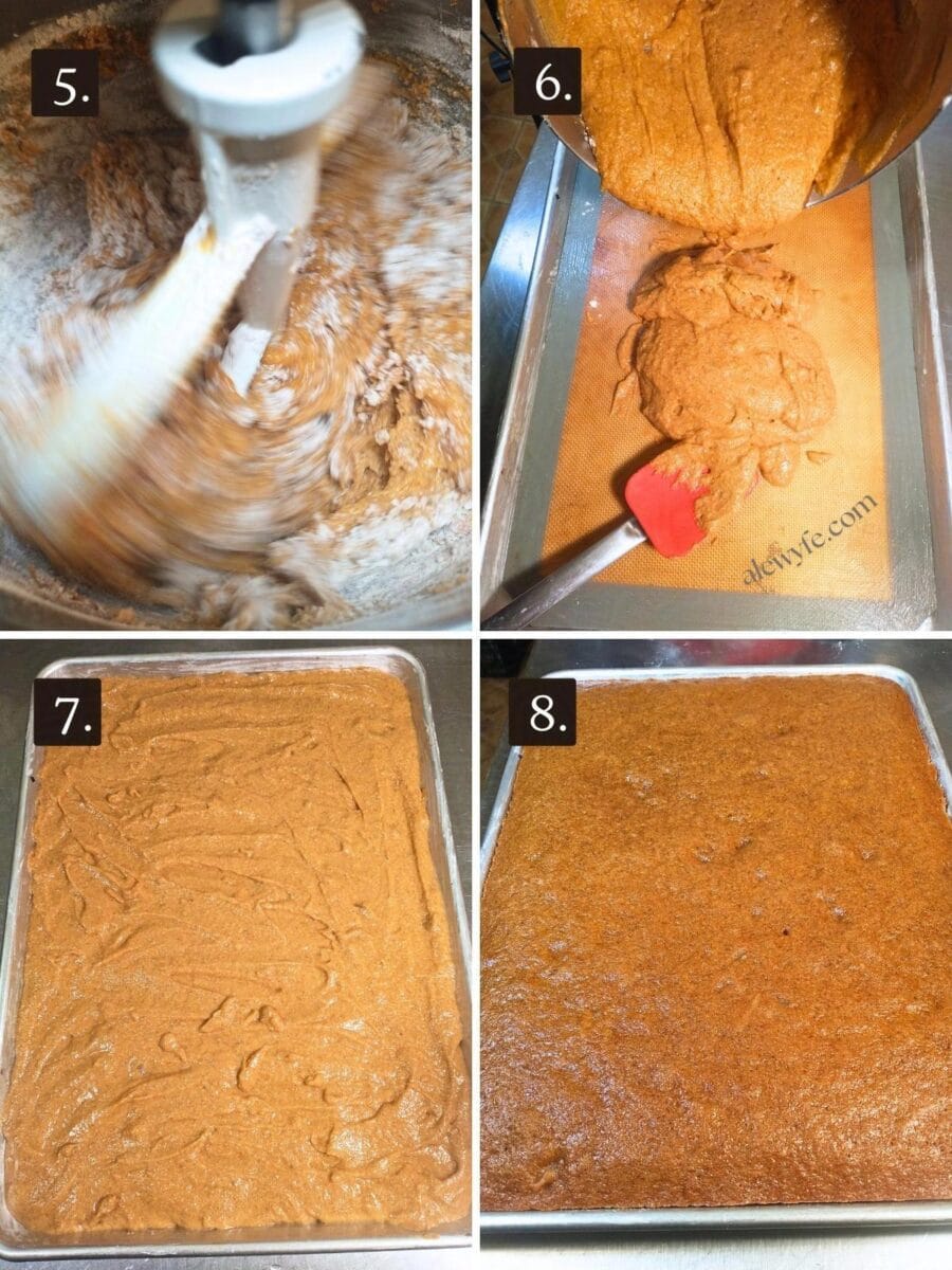 mixing the pumpkin bar batter, spreading the batter out on the sheet pan, and the baked pumpkin bars cooling on a counter.