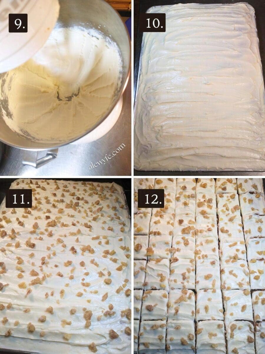 four photo grid of mixing the cream cheese frosting, icing the pumpkin bars, sprinkling with candied ginger garnish, and cutting into bars.