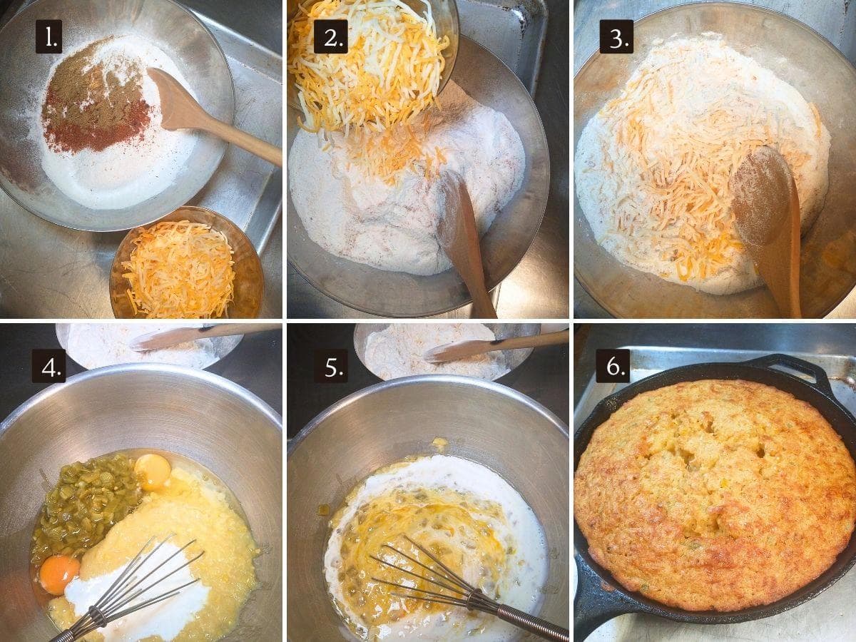 step by step photo showing mixing dry ingredients, then wet ingredients, then the finished baked cornbread.