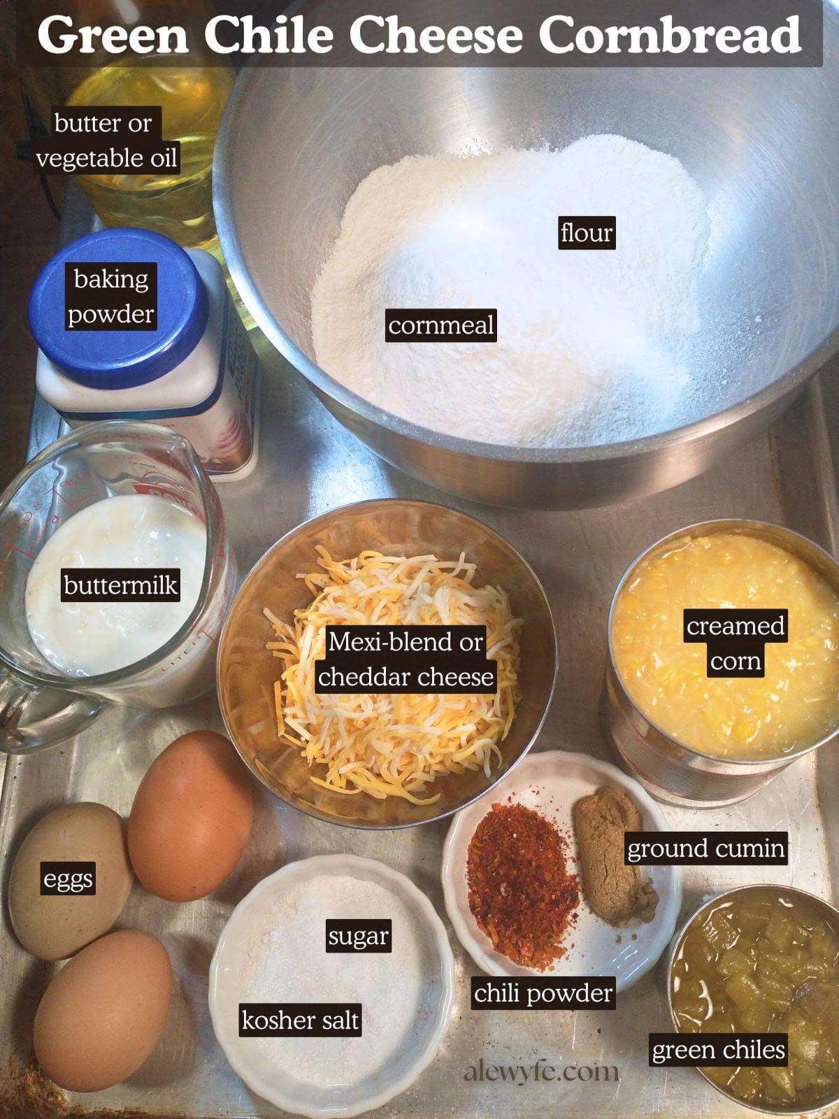 labeled ingredient photo for green chile cheese cornbread recipe.