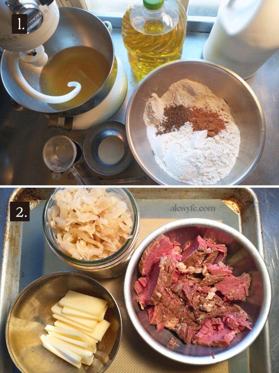 two numbered photos, showing the ingredients for the rye roll dough, and the reuben filling components prepped.