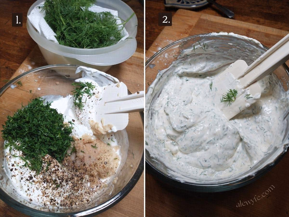 two numbered side-by-side photos showing horseradish dill crema ingredients before and after mixing.