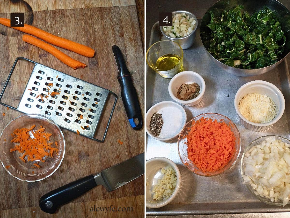 grating carrots, and all of the ingredients prepped for the chickpea stew. 