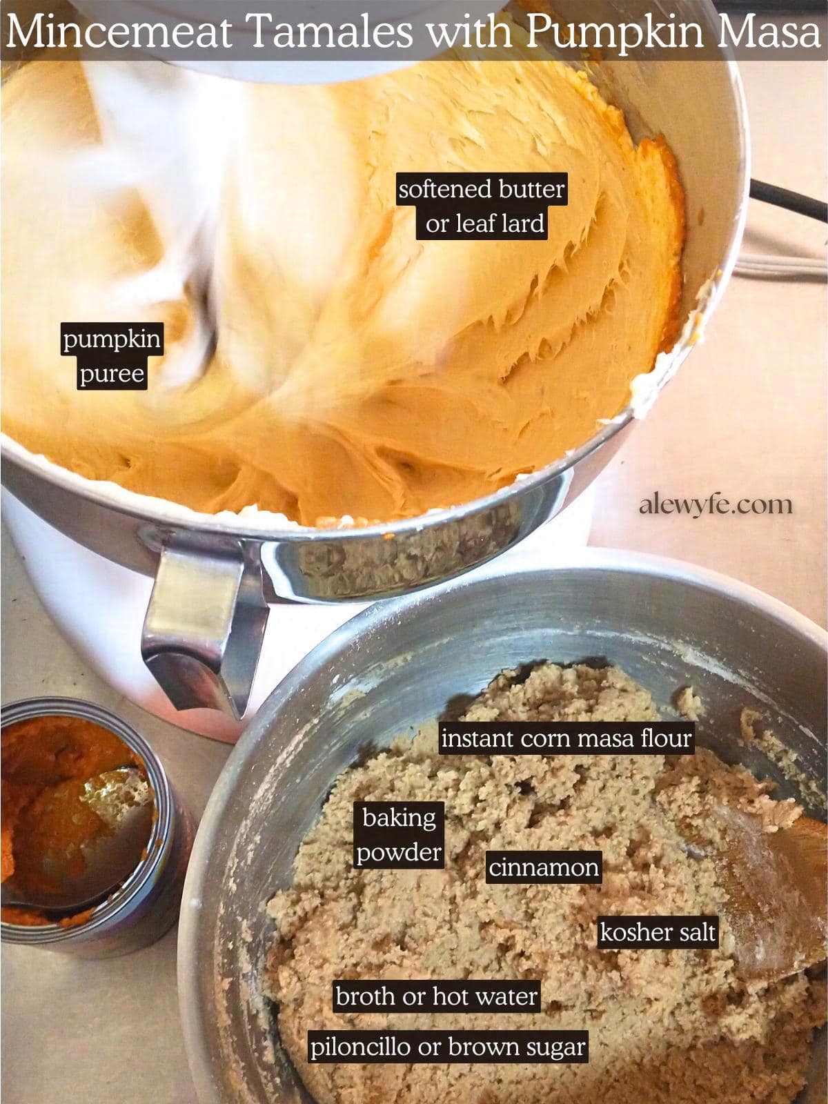 labeled ingredient photo for mincemeat tamales with pumpkin masa recipe.