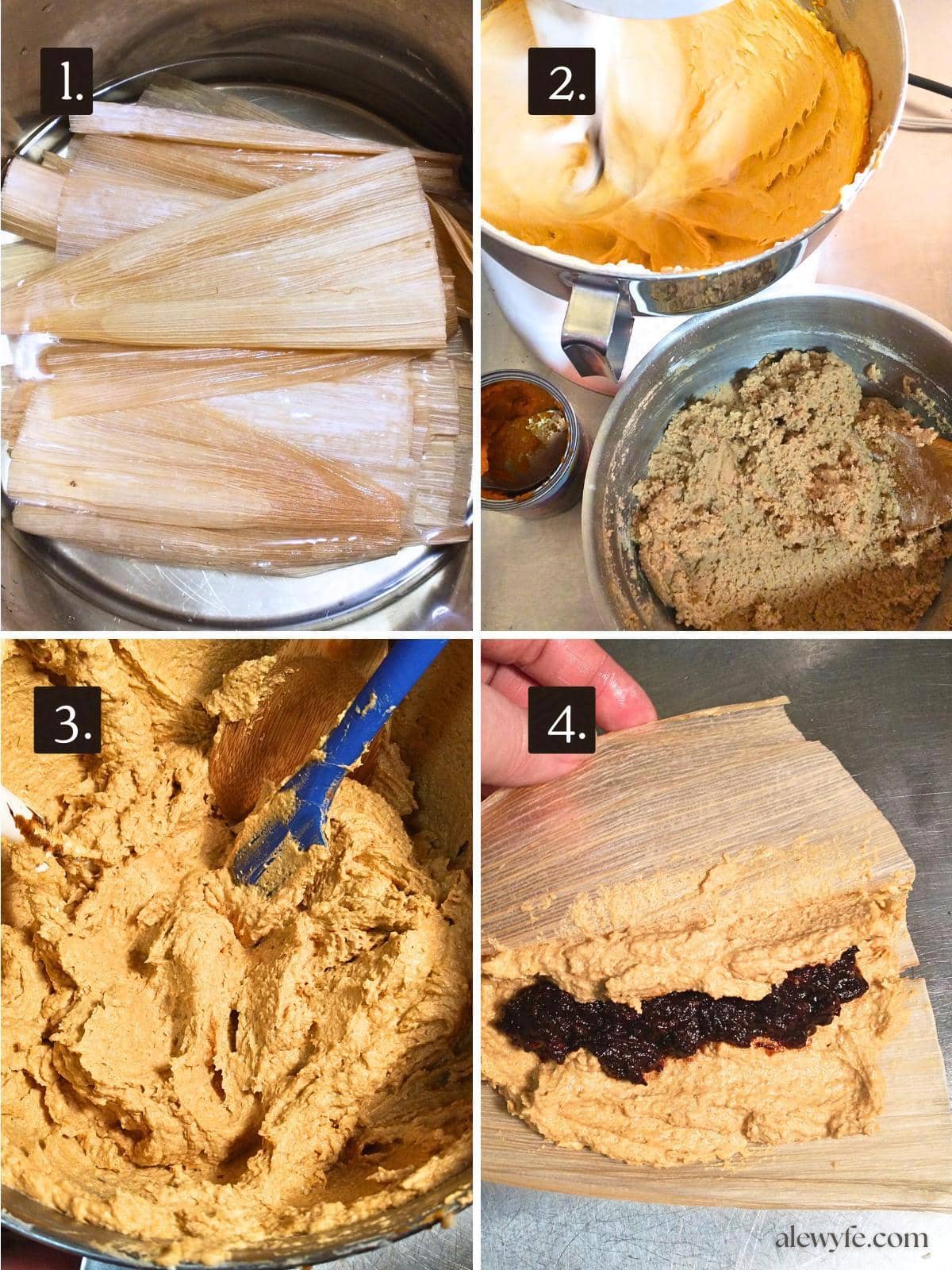 numbered four photo grid, showing soaking corn tamale wrappers in hot water, mixing the pumpkin tamale masa dough, and filling the tamales with masa and mincemeat filling.