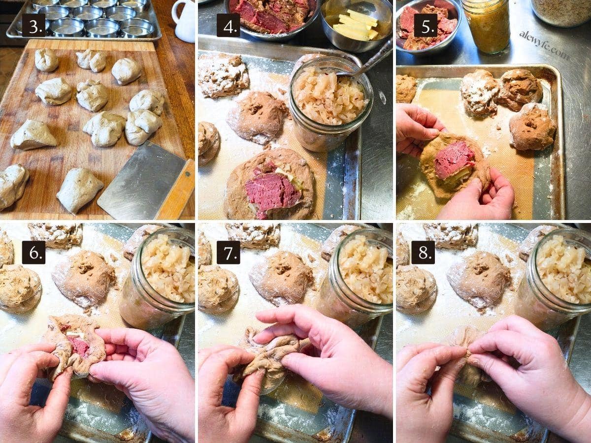 six-photo grid, showing portioning the rye dough, then filling and shaping the reuben buns.