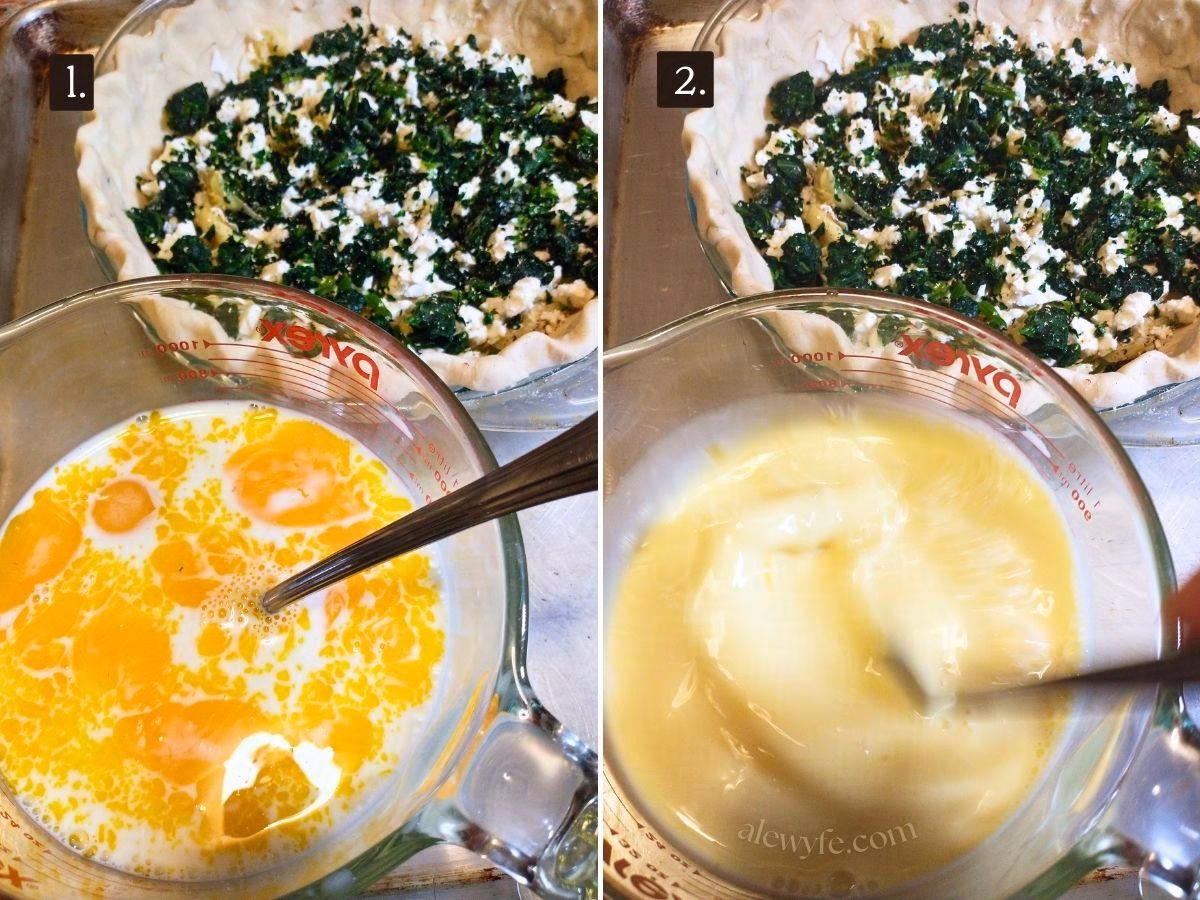 two photos showing the cheese-lined pie crust with the spinach, crumbled feta, and artichoke hearts, and in the foreground, mixing the quiche custard in a large measuring cup.