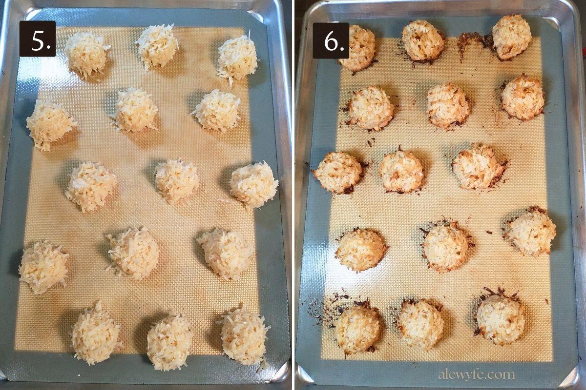 side-by-side photos of the coconut macaroons before and after baking.