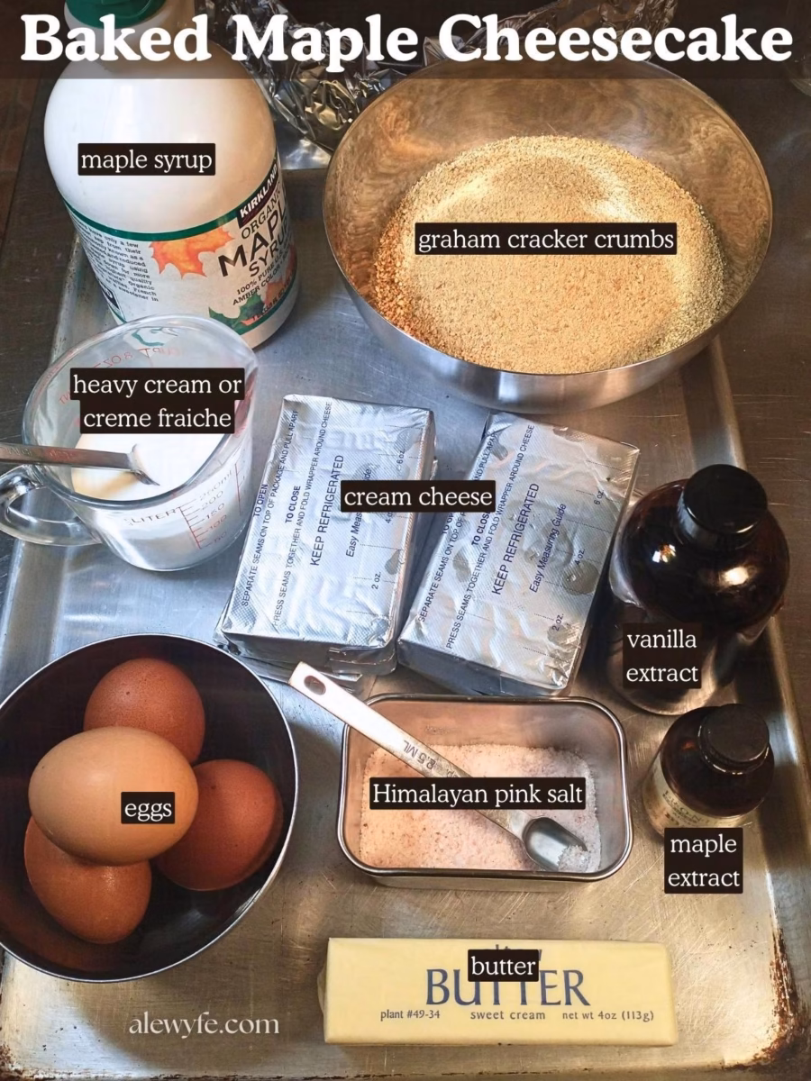 labeled ingredient photo for baked maple cheesecake recipe.